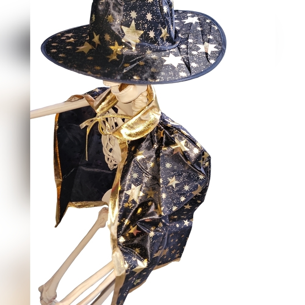 Fast Shipping Black Hat& Cloak w Gold Stars. Wizzard /Witch One Size Child - Picture 4 of 7
